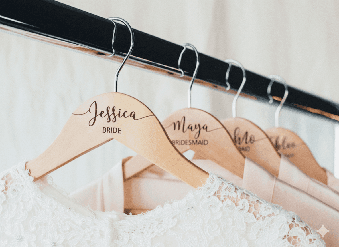 Custom Bridal Hangers - Wedding laser engraving project on Natural Wood